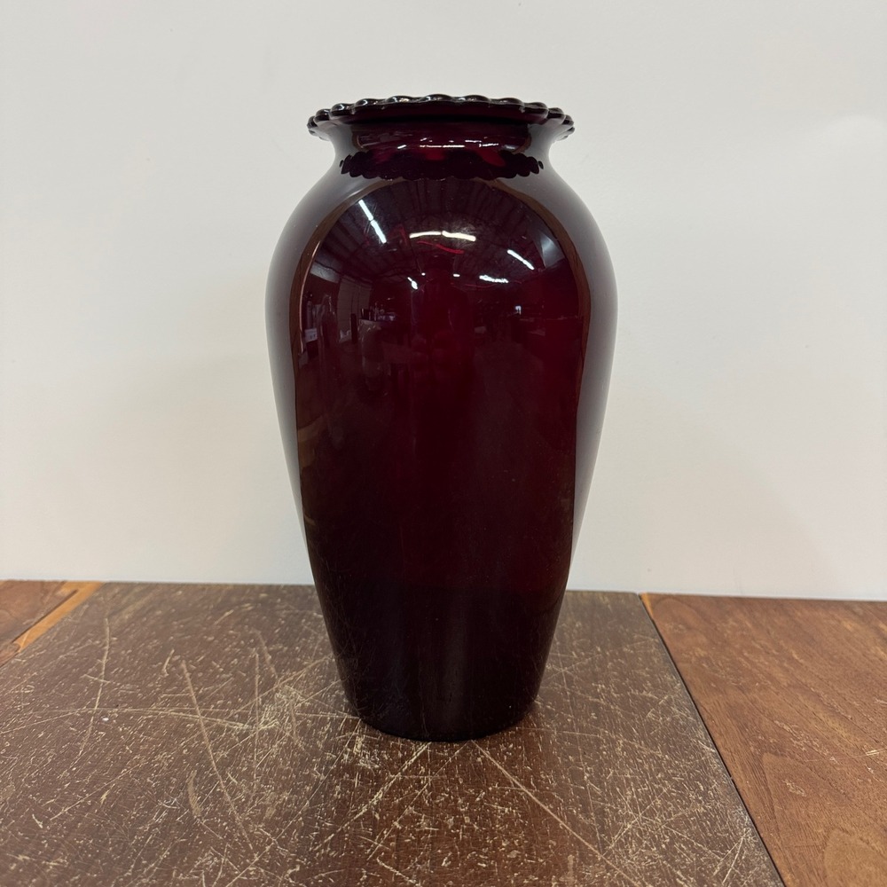 Ruby Red MCM Glass Vase with‎ Ruffled Rim Home Decor Flower Vase
